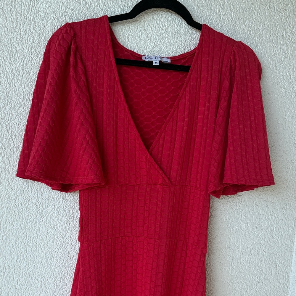 Velvet Torch Scarlet Midi Dress with Flutter Sleeves